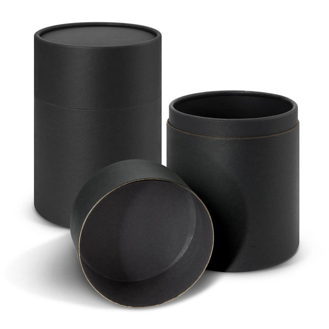 Three black cylindrical gift tubes stacked together, with one tube lying on its side.