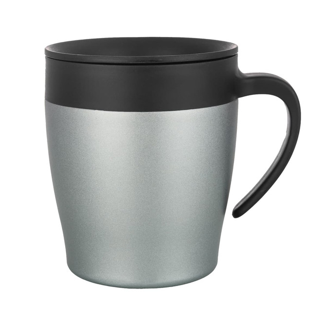 A coffee mug featuring a silver body and a black lid, designed for drinkware use. Includes a handle and a logo.