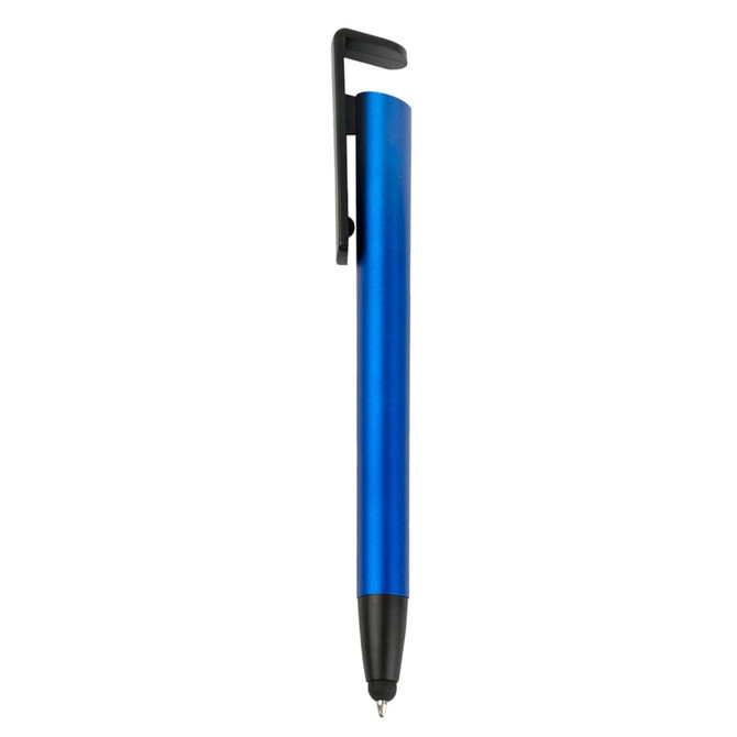 A blue stylus pen with a black clip and tip, featuring a simple design and a smooth finish.