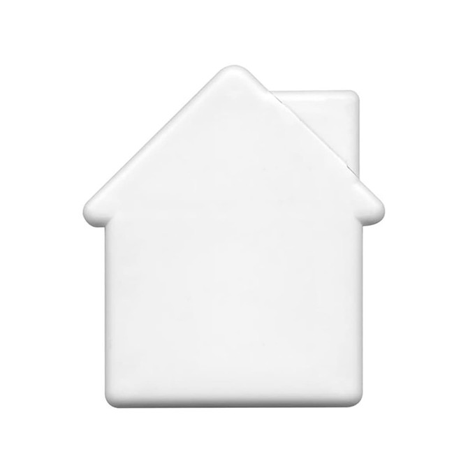 A house-shaped mint card in white, featuring a simple, smooth design. It includes a branding logo.