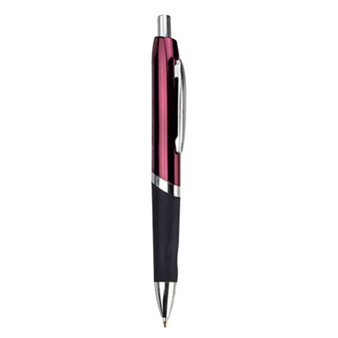 A metal pen in burgundy and silver, featuring a black grip and a logo on the body.