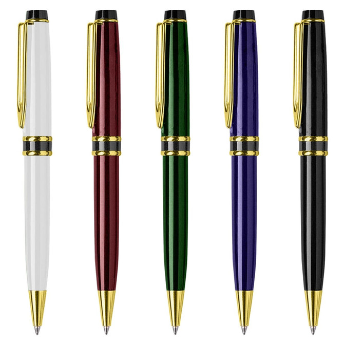 A set of five metal pens in white, burgundy, green, purple, and black, each with gold accents and a branding logo. A set of five metal pens in white, burgundy, green, purple, and black, each with gold accents and a branding logo.