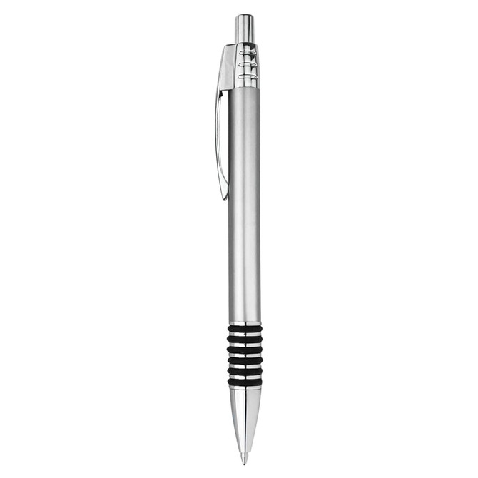 A metal pen in silver with a black grip and metallic accents, featuring a branded logo.