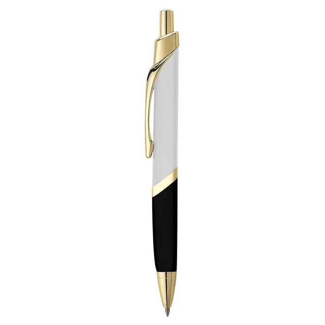 A metal pen in white and black with gold accents, featuring a clip and a sleek design.