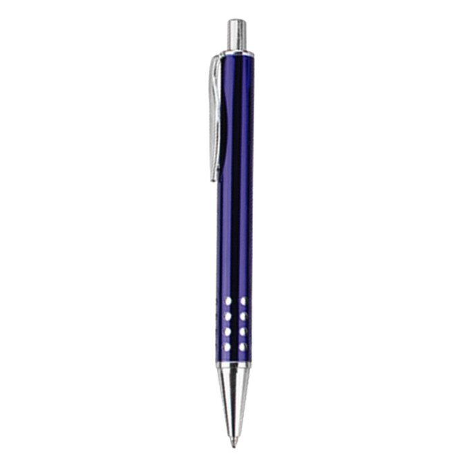 A metal pen in a deep blue colour with a silver clip and decorative holes along the barrel.