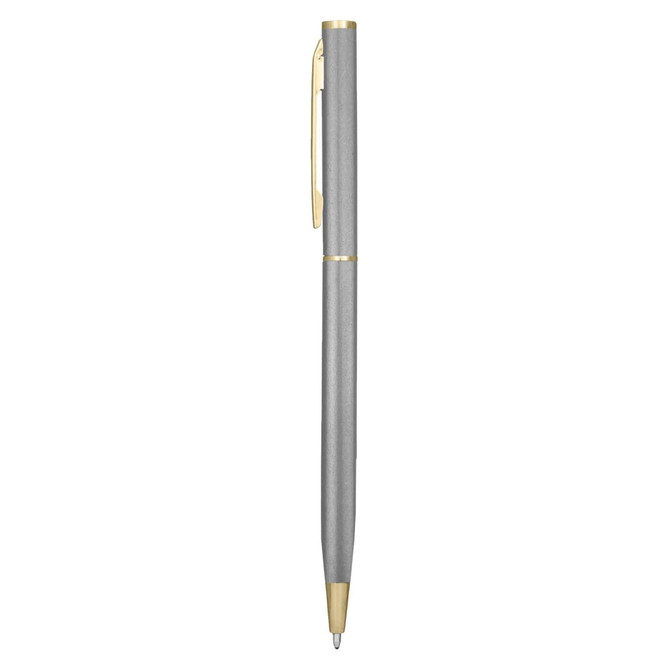 A metal pen in a sleek silver finish with gold accents. The pen has a clip and a logo displayed.
