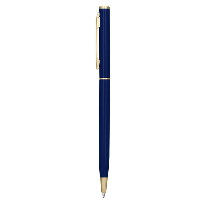 A metal pen in deep blue with gold accents and a logo on the clip.