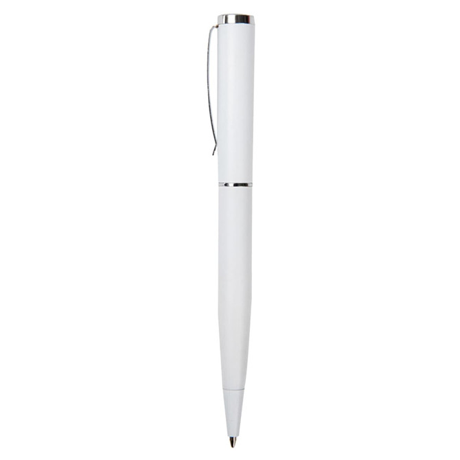 A white metal pen with a sleek design and silver accents, featuring a clip and a branding logo.