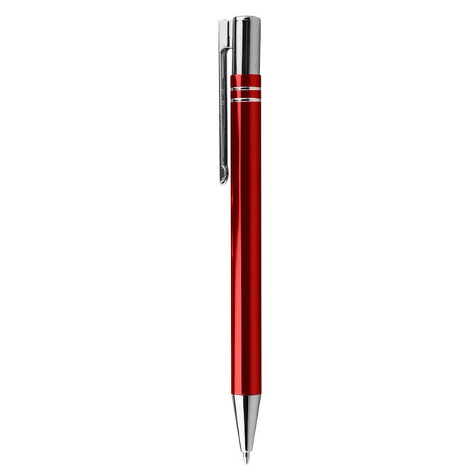 A metal pen in red featuring a chrome clip and accents, with a logo on the body.