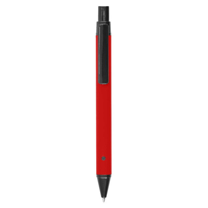 A red metal pen with a black clip and tip, featuring a simple design and a logo.