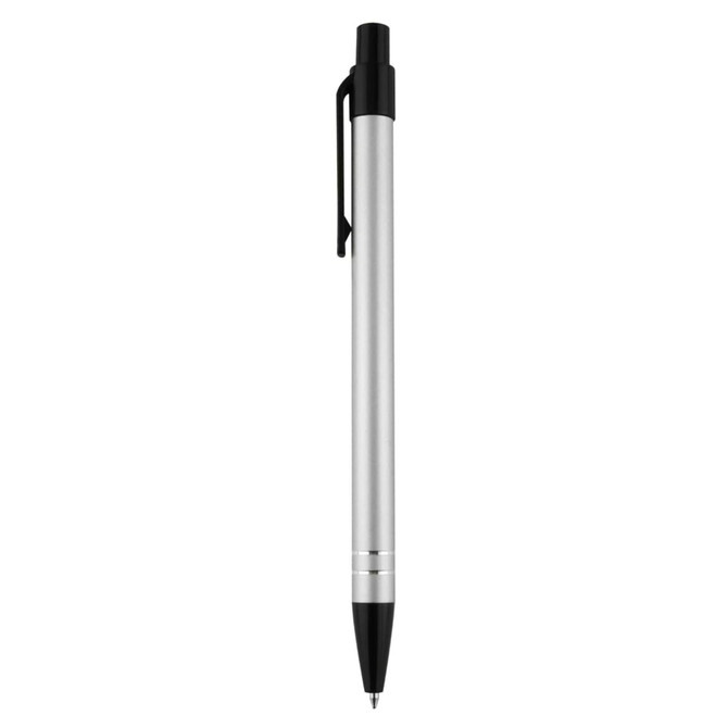 A metal pen in silver and black with a clip and a sleek design, featuring a logo on the barrel.