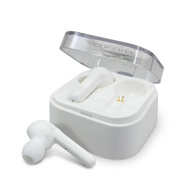 White Bluetooth earbuds in a charging case. The case has a transparent lid and features a logo on top.