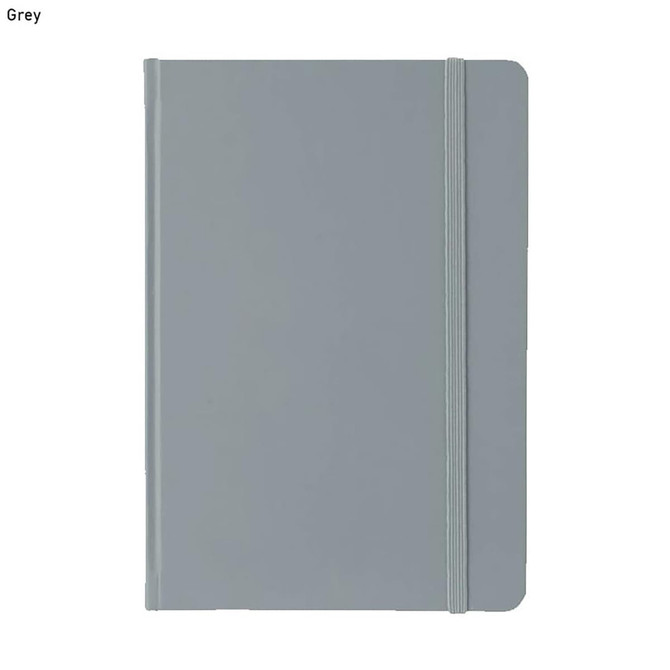 A5 PU notebook in grey with an elastic band closure and a smooth cover. Includes a logo on the design.