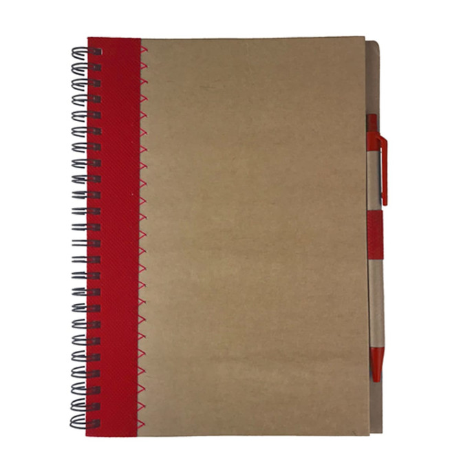A recycled A5 notebook with a brown cover and a red spine, featuring a pen attached.