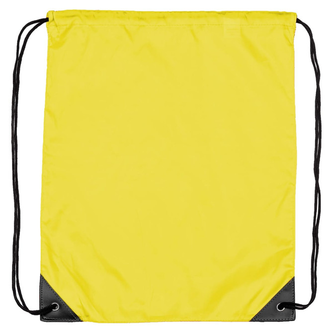 A yellow nylon backsack with black corners and drawstring closure. It features a logo on one side.
