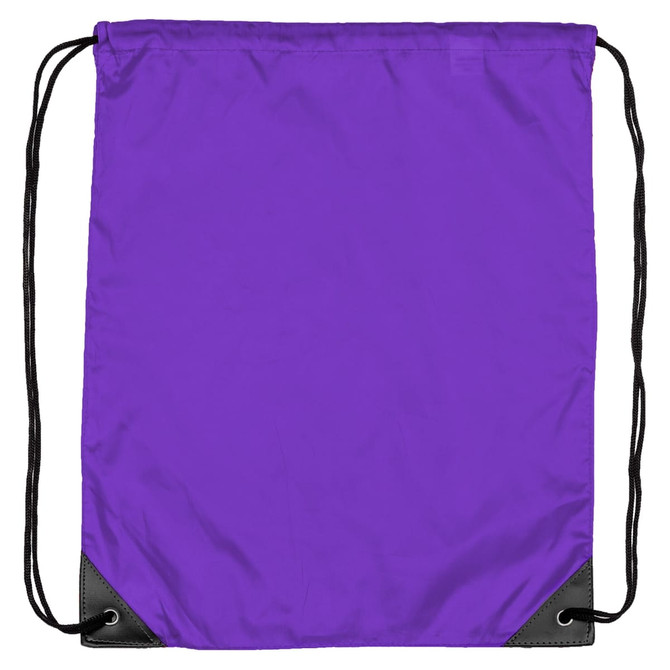 A purple nylon drawstring backsack with black corners and a branding logo.