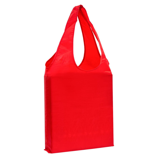 Red tote bag with long handles and a smooth finish, featuring a logo on one side.