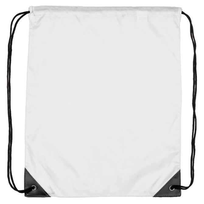 A white nylon drawstring backsack with black corners and matching drawstrings. It features a logo.