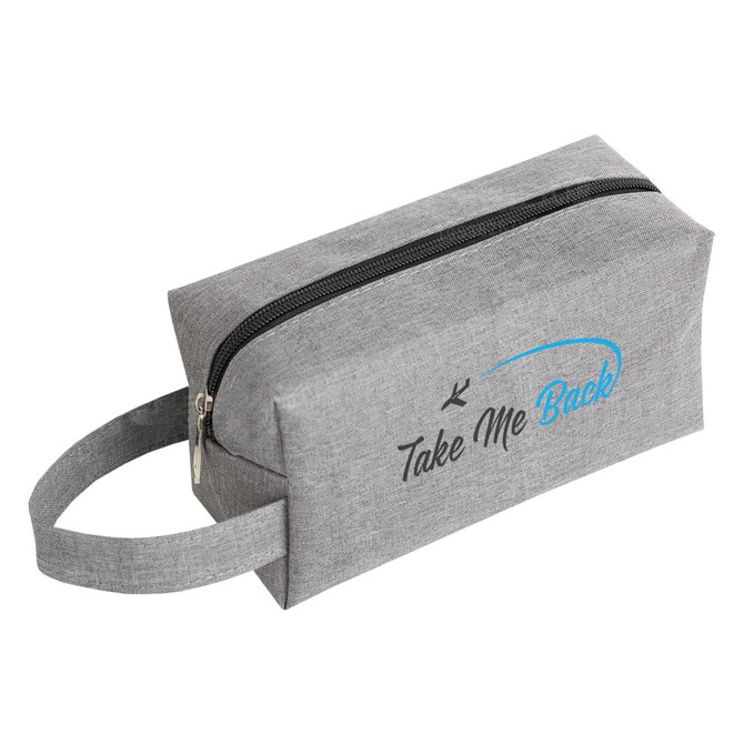 A grey cosmetic bag with a zip closure and a handle, featuring a logo on the front.