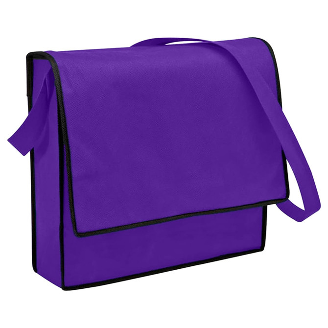 A purple non-woven flap satchel with a black trim and an adjustable strap. It features a front flap and a spacious interior.