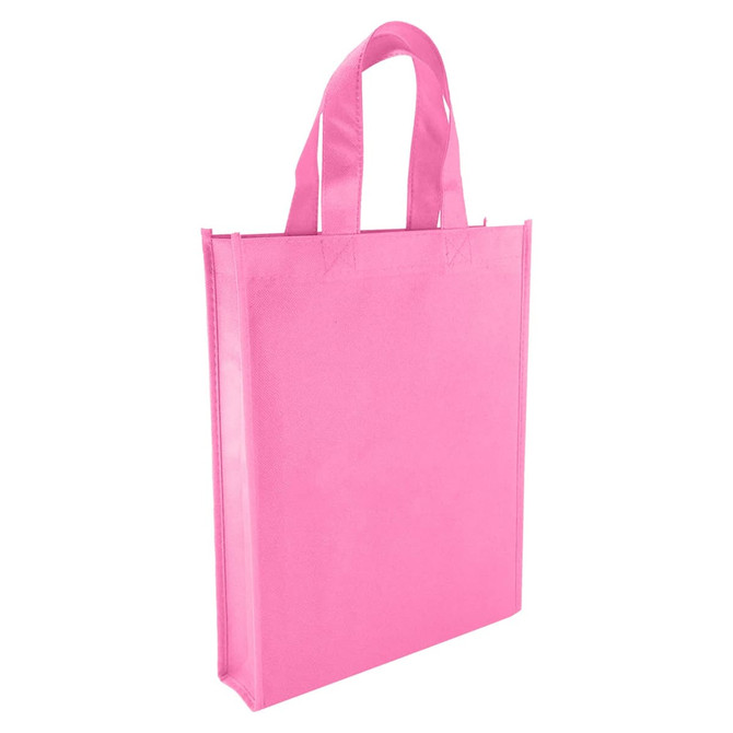 A pink non-woven tote bag featuring two handles and a simple design, with a branding logo.