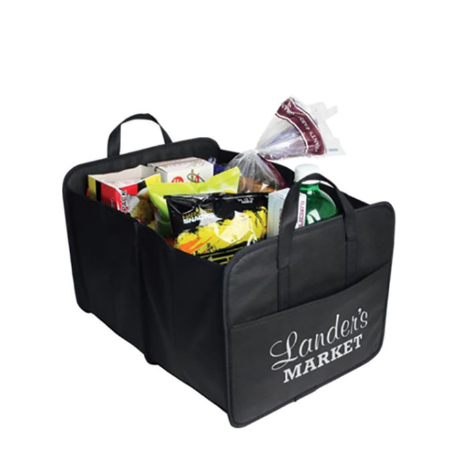 A black non-woven cargo organiser filled with various grocery items and a drink bottle, featuring a logo.