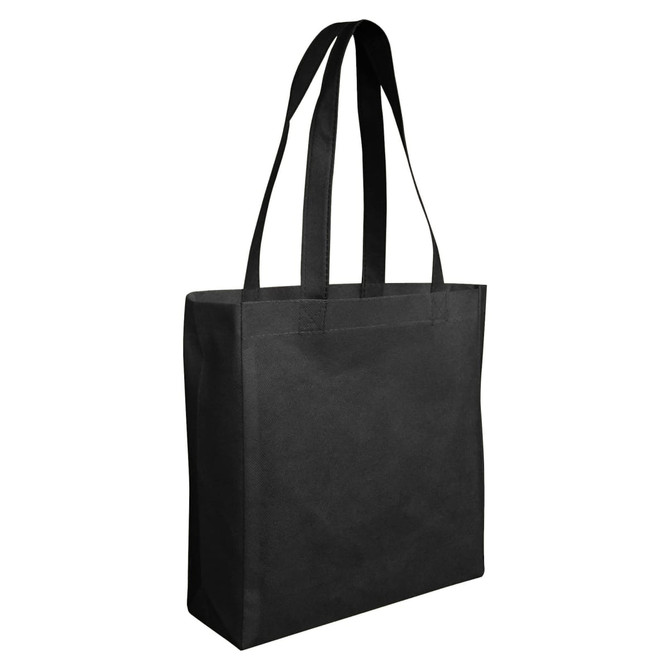 A black non-woven reusable grocery bag with dual handles and a spacious design. Features a logo on the front.