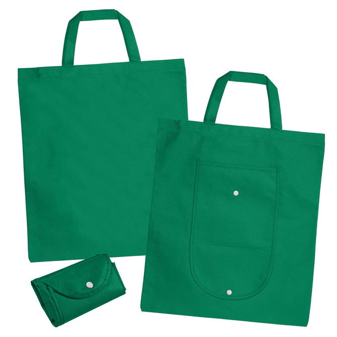 A green non-woven foldable shopping bag, featuring two handles and a pocket, displayed alongside a compact folded version.
