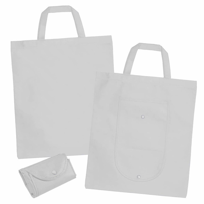 A light grey non-woven foldable shopping bag with handles and a front pocket, folded for storage. It features a logo.