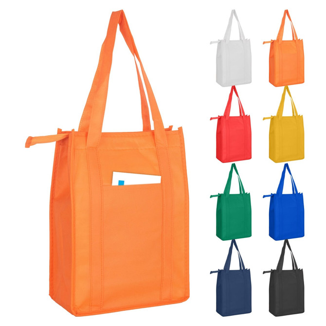 An orange non-woven cooler bag with a top zip closure and a front pocket, alongside options in eight other colours.