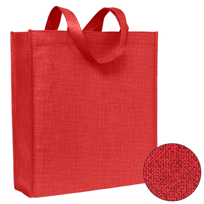 A red tote bag made of patterned non-woven fabric, featuring sturdy handle straps and a close-up of the texture.