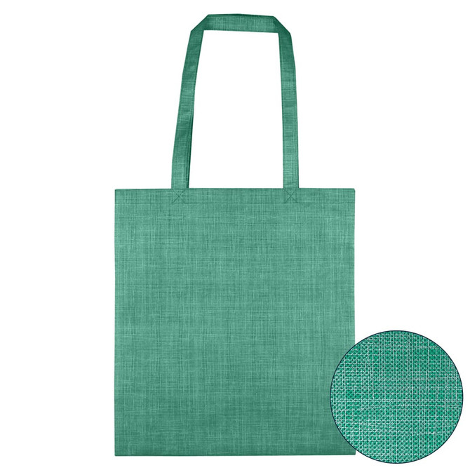 A teal non-woven bag with a patterned design and two handles, featuring a circular close-up of the texture.