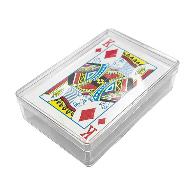 A deck of playing cards in a clear box, featuring colourful illustrations including a King of Diamonds.