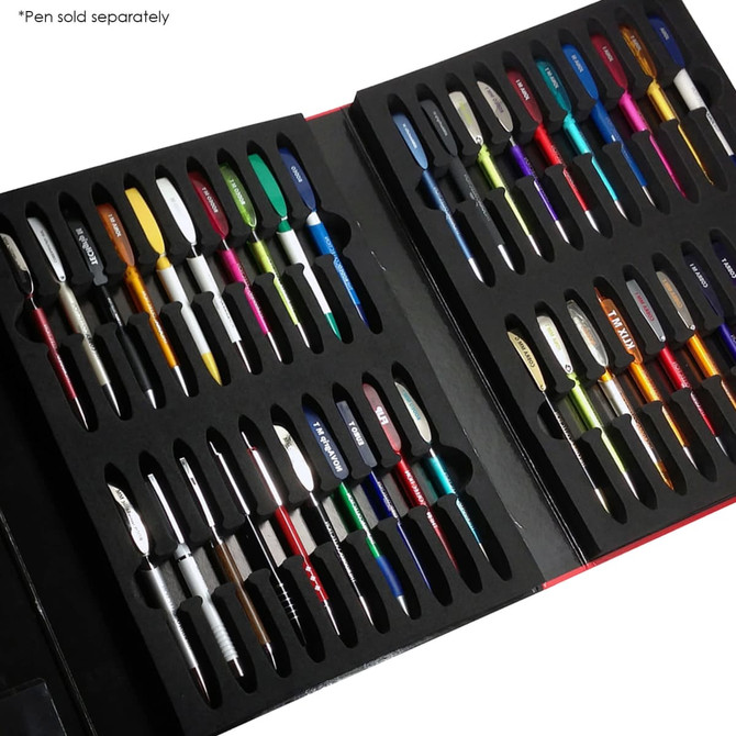 A Pen Sample Folder featuring various pens in multiple colours displayed on black inserts, with a logo present.