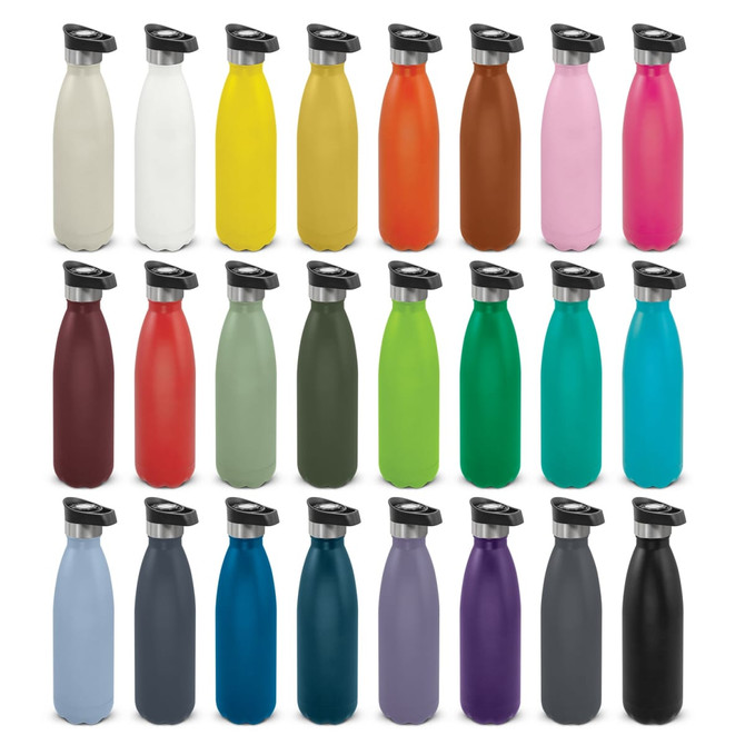 A drink bottle collection featuring various colours, including white, yellow, orange, pink, green, blue, purple, and black, with a push button lid.