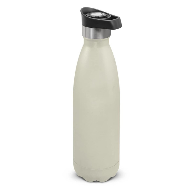 A drink bottle in a light grey colour with a black push button lid. It features a sleek, curved design and a logo.