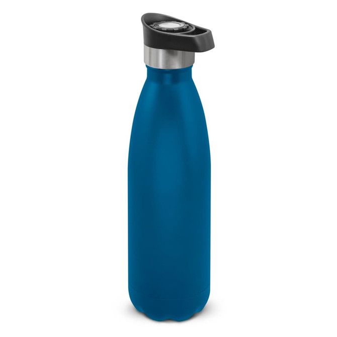 A drink bottle in a deep blue colour with a push button lid and a stainless steel accent. It features a logo on the lid.