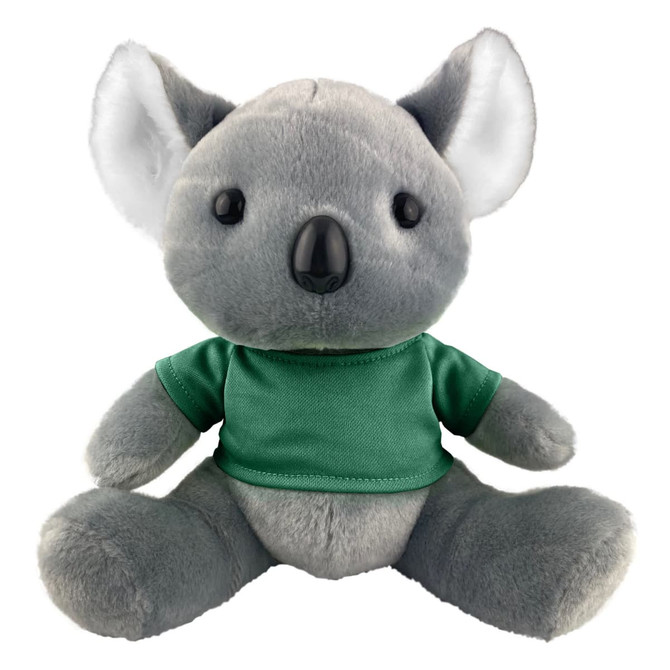 A plush koala toy in grey with a green shirt, featuring stitched details and a cute facial expression.