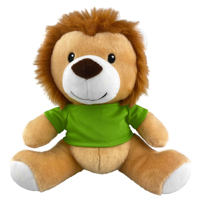 A plush lion toy with a brown mane, tan body, and wearing a green shirt, featuring a friendly smile.