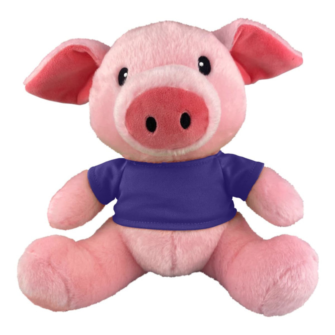 A pink pig plush toy wearing a purple shirt, featuring large ears and a friendly expression.
