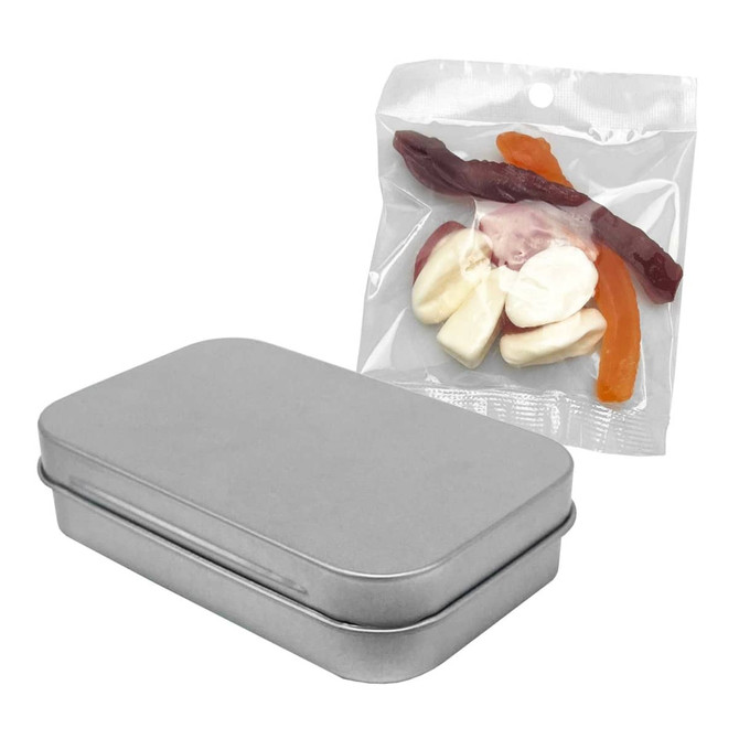 A silver tin container with assorted jelly lollies in various colours, including red, orange, and white, in a clear bag.
