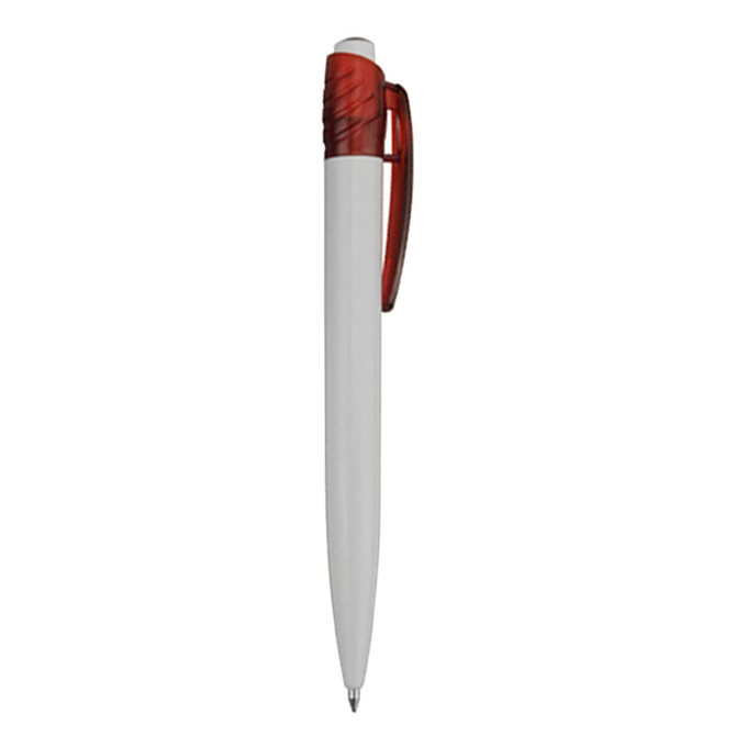 A plastic pen featuring a white barrel and a red grip and clip. It has a black ink tip and a logo on the side.