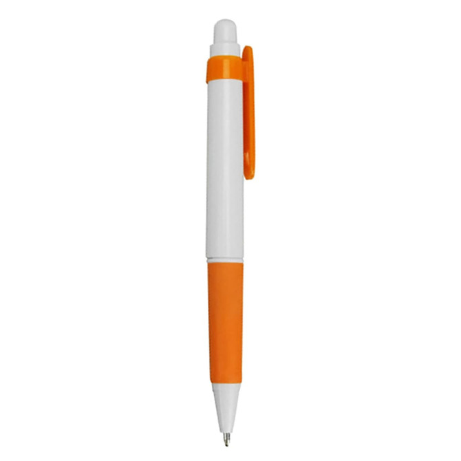 A plastic pen with a white body and orange accents, featuring a clip and a rubber grip.