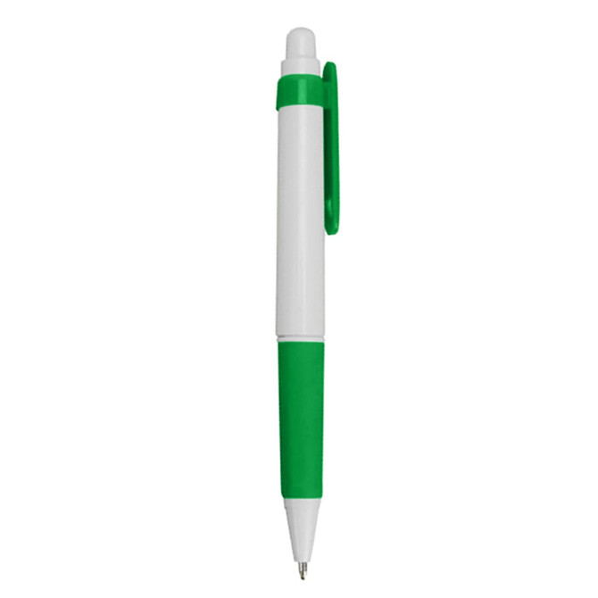 A plastic pen in white and green, featuring a clip and a retractable tip. It has a simple design and a logo.