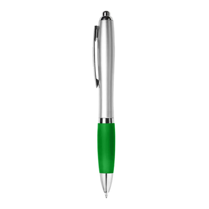 A silver pen with a green rubber grip and a clip, featuring a logo on its side.
