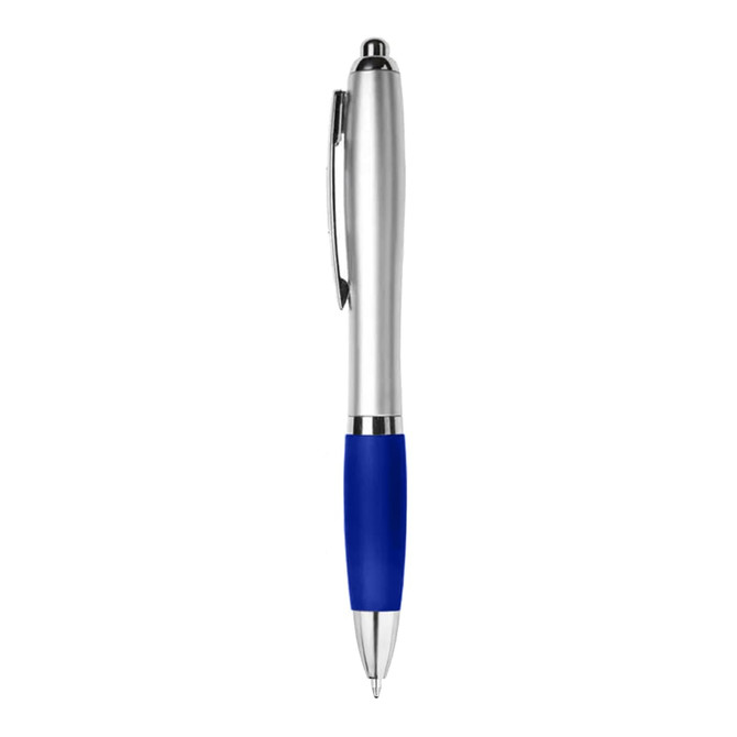 A silver and blue plastic pen with a smooth barrel and clip. It features a logo on the barrel.