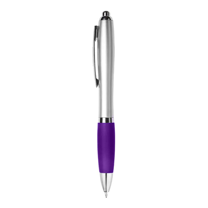 A plastic pen with a silver barrel and a purple rubber grip, featuring a clip and a logo.