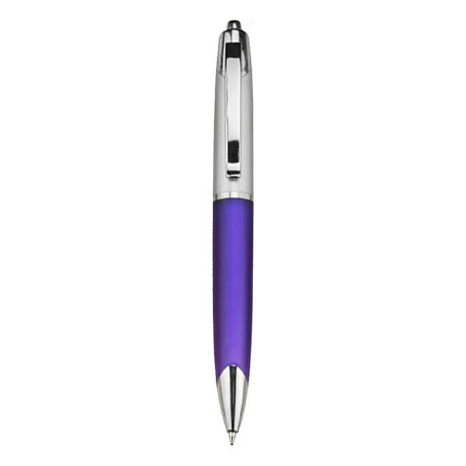 A purple plastic pen with a shiny silver clip and tip, featuring a branded logo.