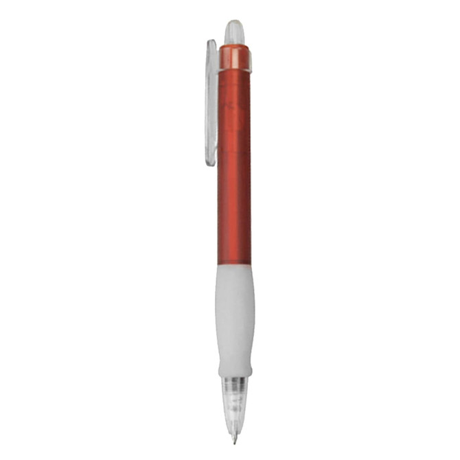 A red plastic pen with a clear clip and a white grip section. It features a logo on the barrel.