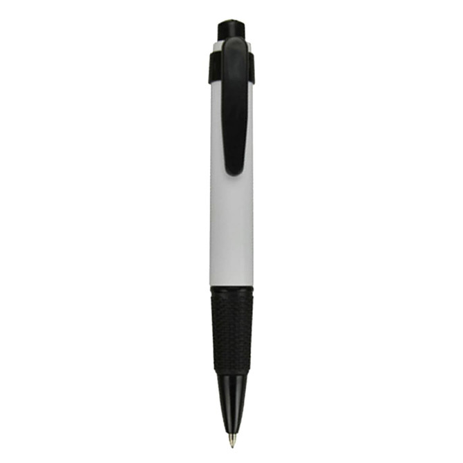 A plastic pen in white and black with a textured grip and clip, featuring a logo.